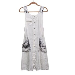 Inizio Linen Pinafore Dress M White Button Front Cargo Pockets Lagenlook Artsy